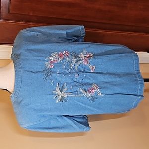 Vintage Koret Button down top shirt 18W denim palm tree floral embroidery